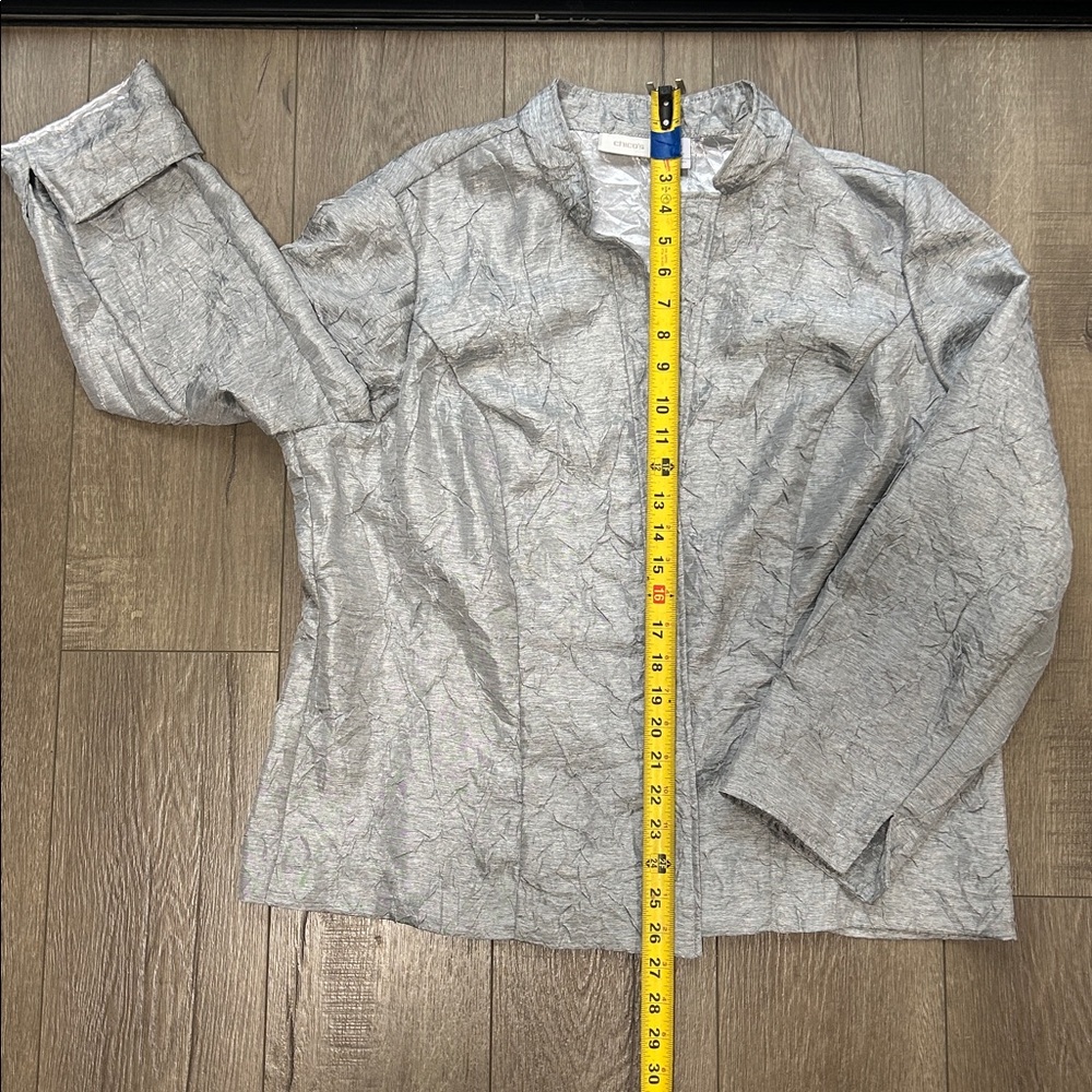 Chico's Metallic Textured Open Front Jacket Size 3 XL/16 Silver Party Office